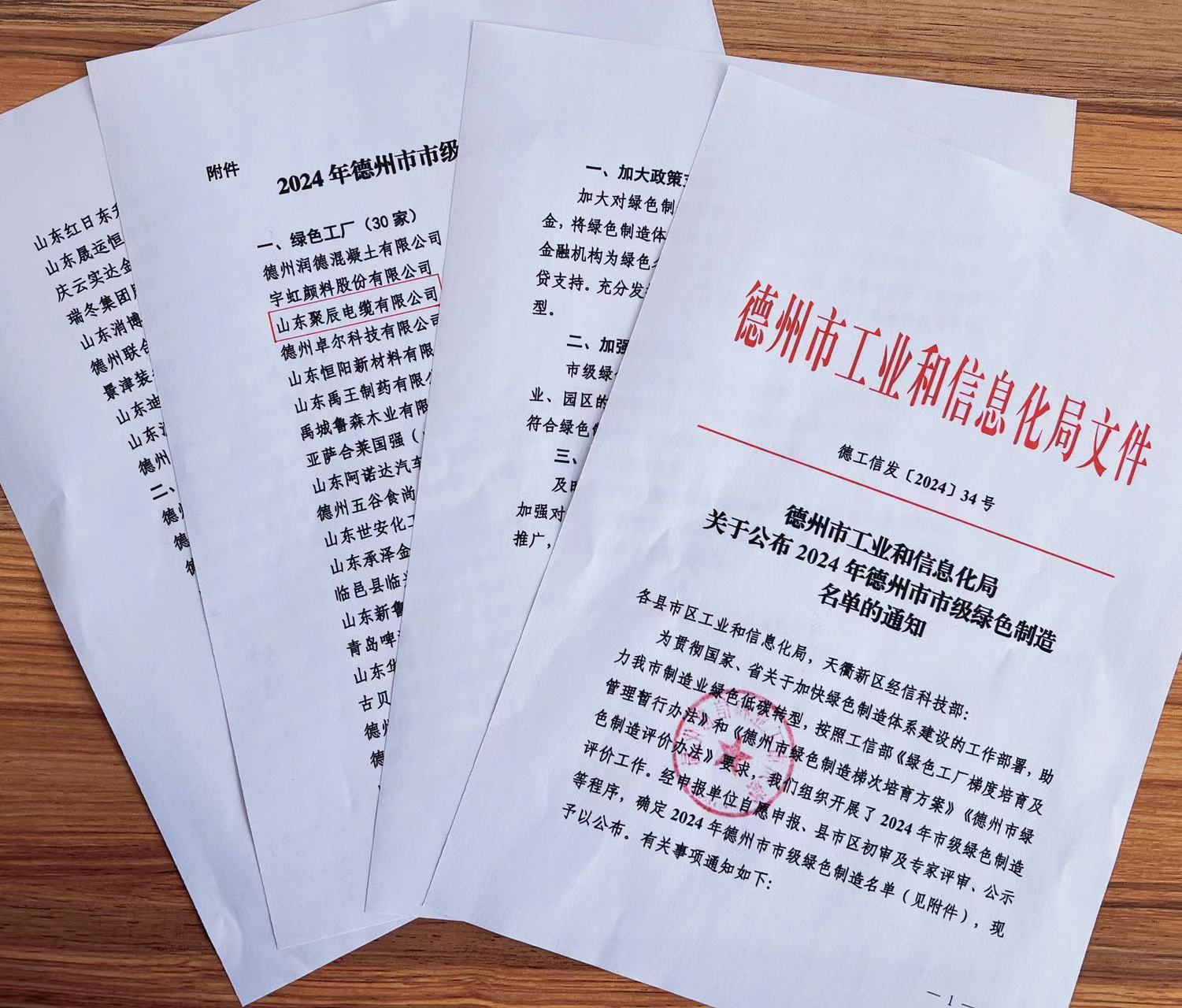 喜訊！山東聚辰電纜有限公司榮獲2024年度德州市市級(jí)綠色工廠(chǎng)稱(chēng)號(hào)